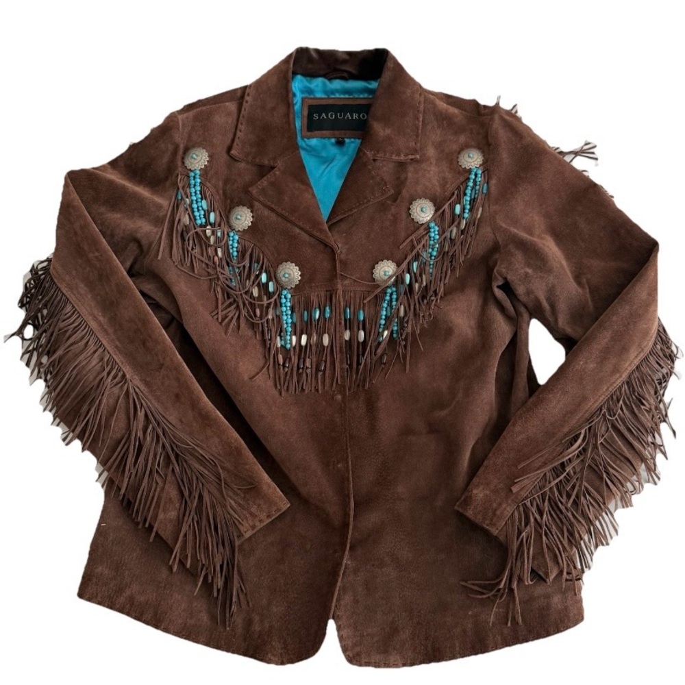 Vintage SAGUARO Brown Suede Leather Beaded Fringe Cowboy Western Jacket Size L - Picture 2 of 16